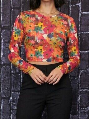 Forever 21+ Plus Multicolor Floral Long-Sleeve Crop Top 2X